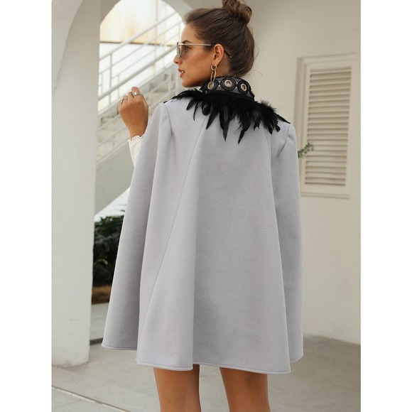 Contrast Feather collar open front Tweed Cape pea Coat gray - Picture 2 of 11